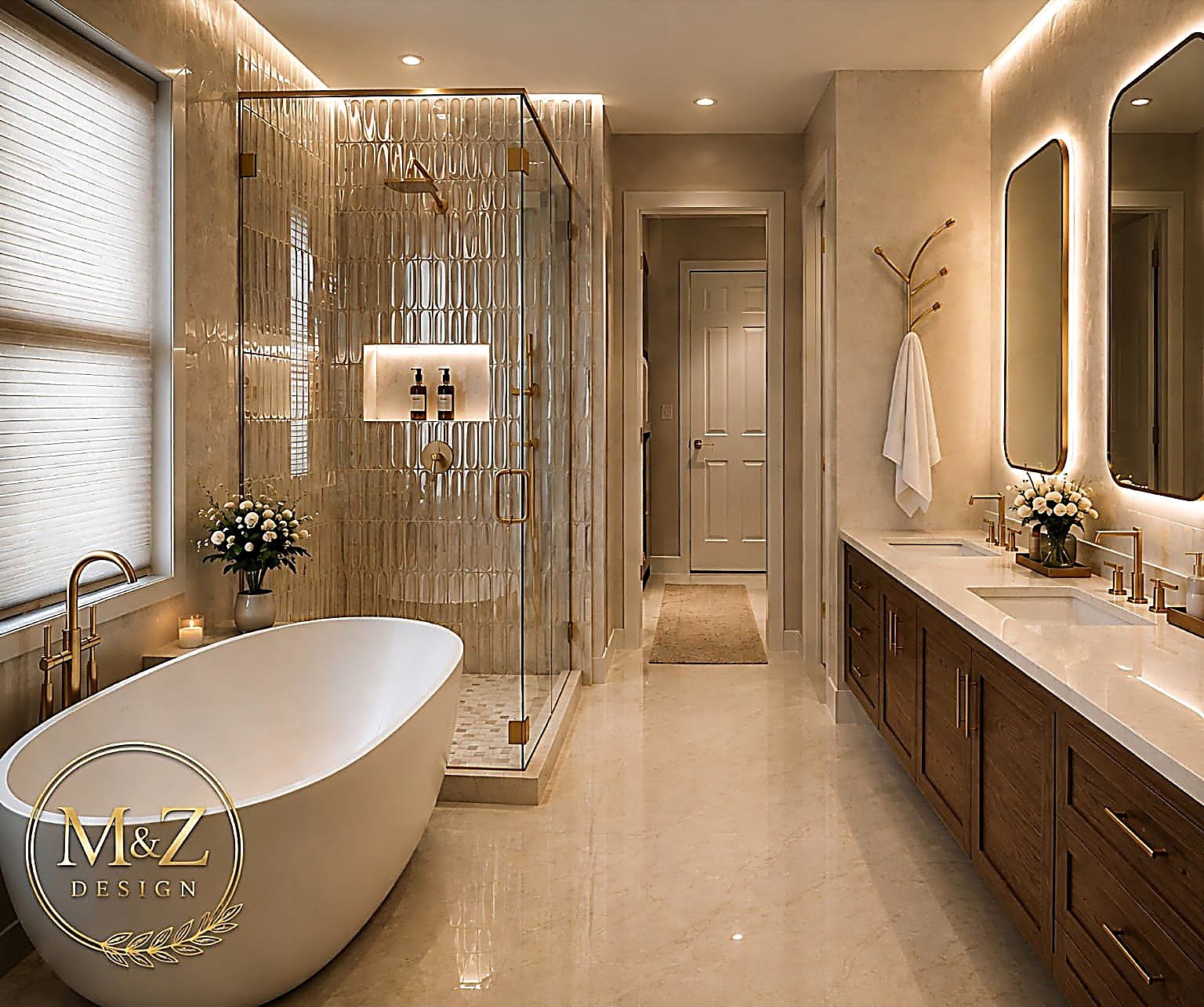 Freestanding tub and walnut vanity in a warm, gold-accented bath