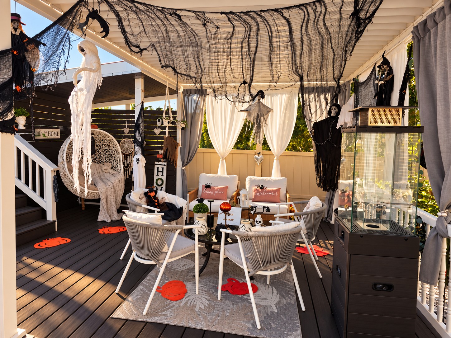 Wide exterior view of the covered patio styled for Halloween at dusk