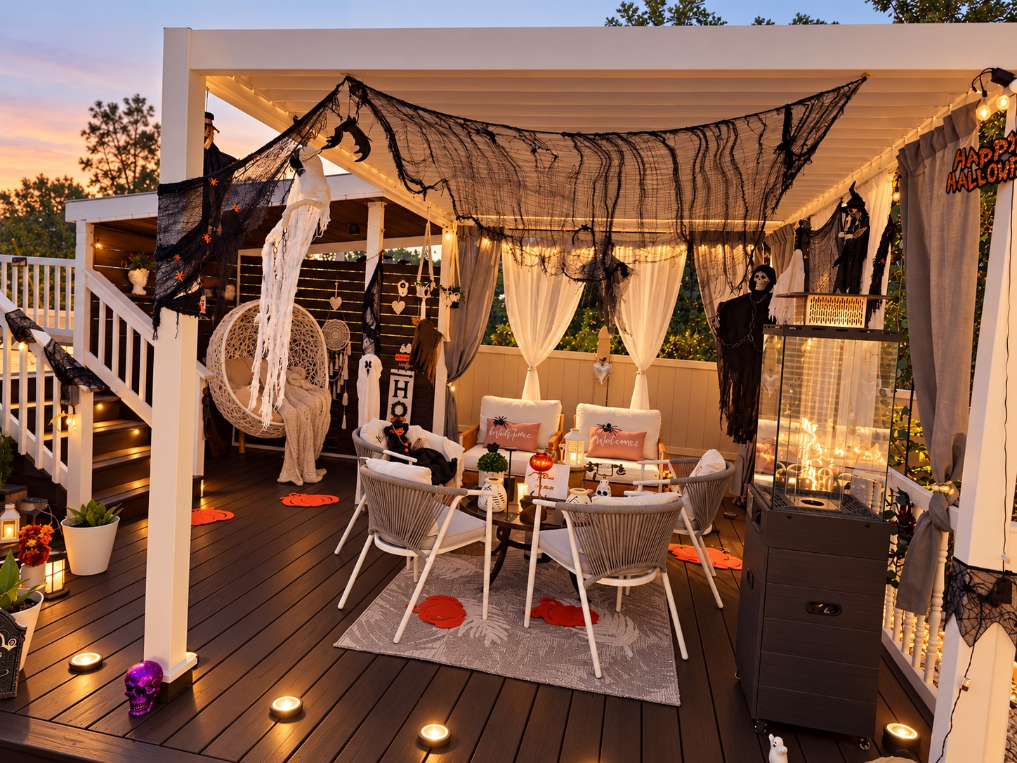 Pergola draped in black cheesecloth and sheer curtains over a Halloween-styled patio lounge at dusk
