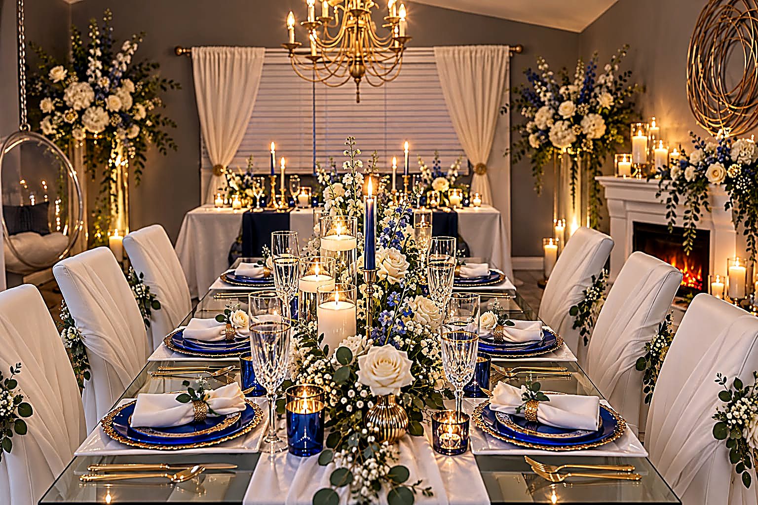 Elegant wedding tablescape in navy, ivory and gold beneath a candlelit chandelier