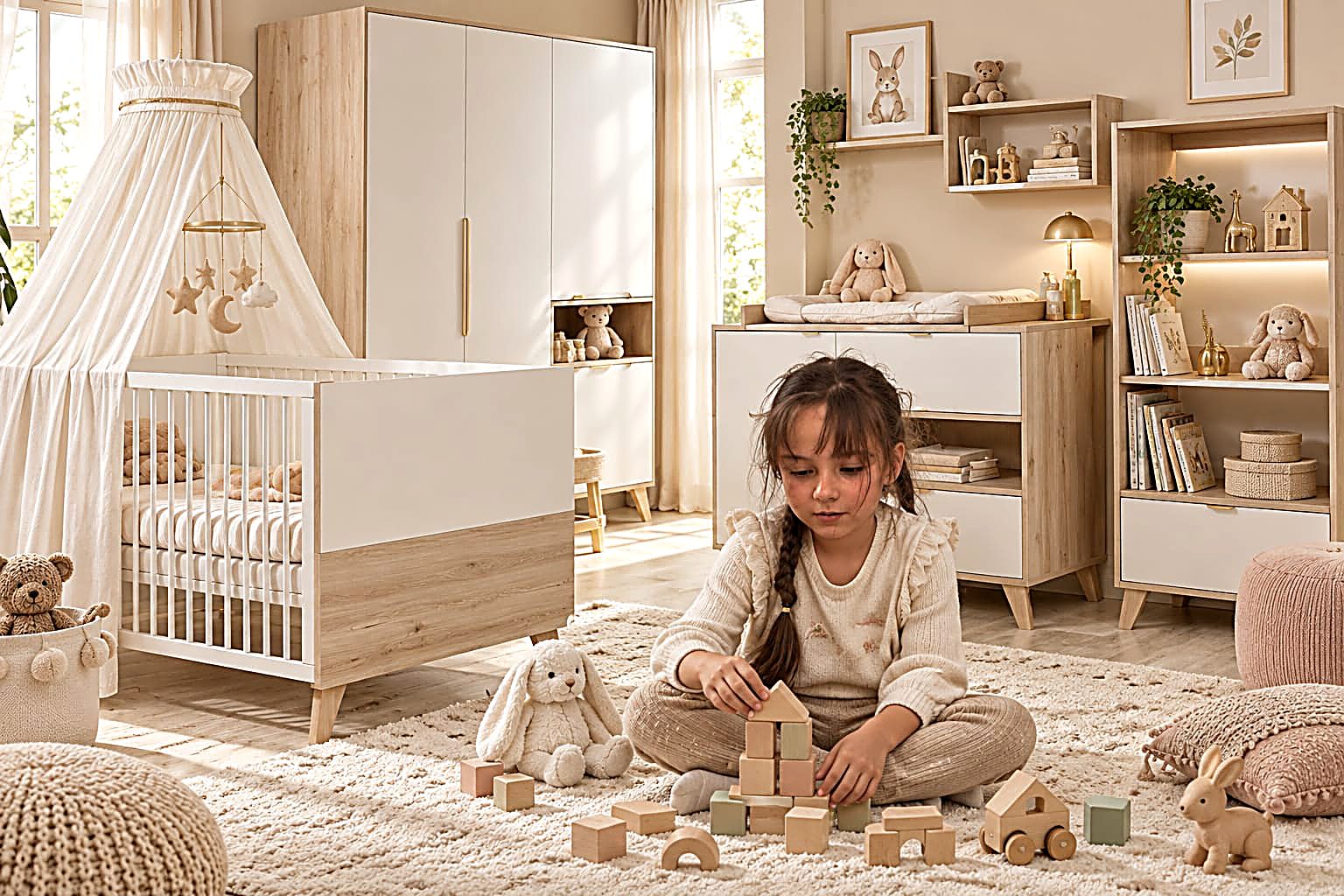 Warm, playful children's room with a canopy crib and open shelving