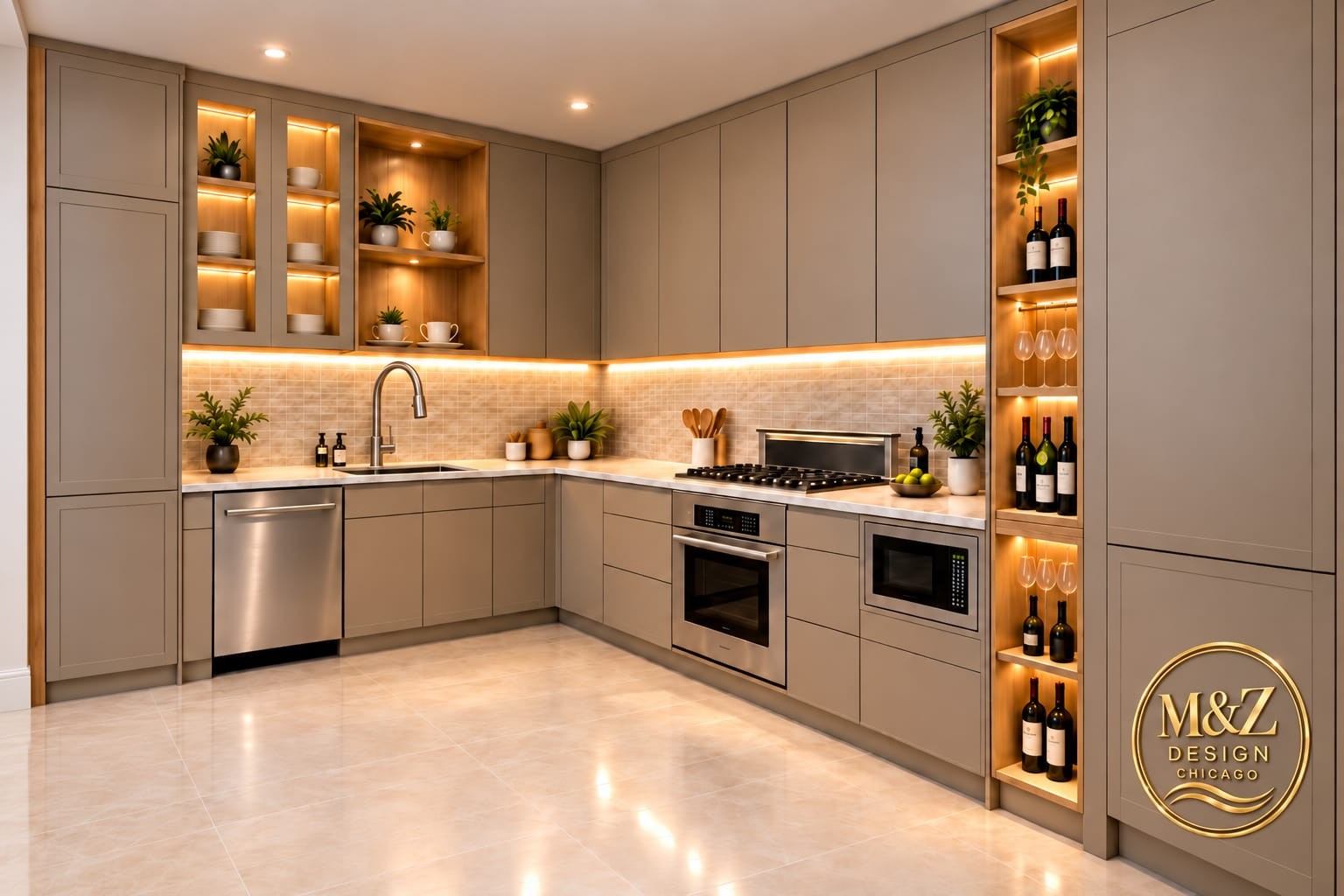 Taupe shaker kitchen with a backlit open shelving wine gallery and warm under-cabinet lighting