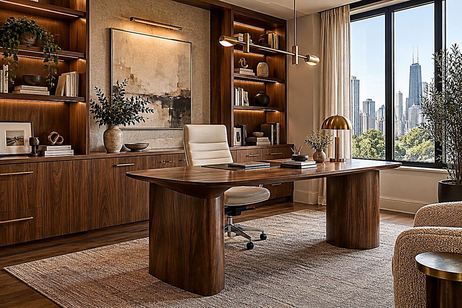 Walnut executive desk with a Chicago skyline view, designed by M&Z