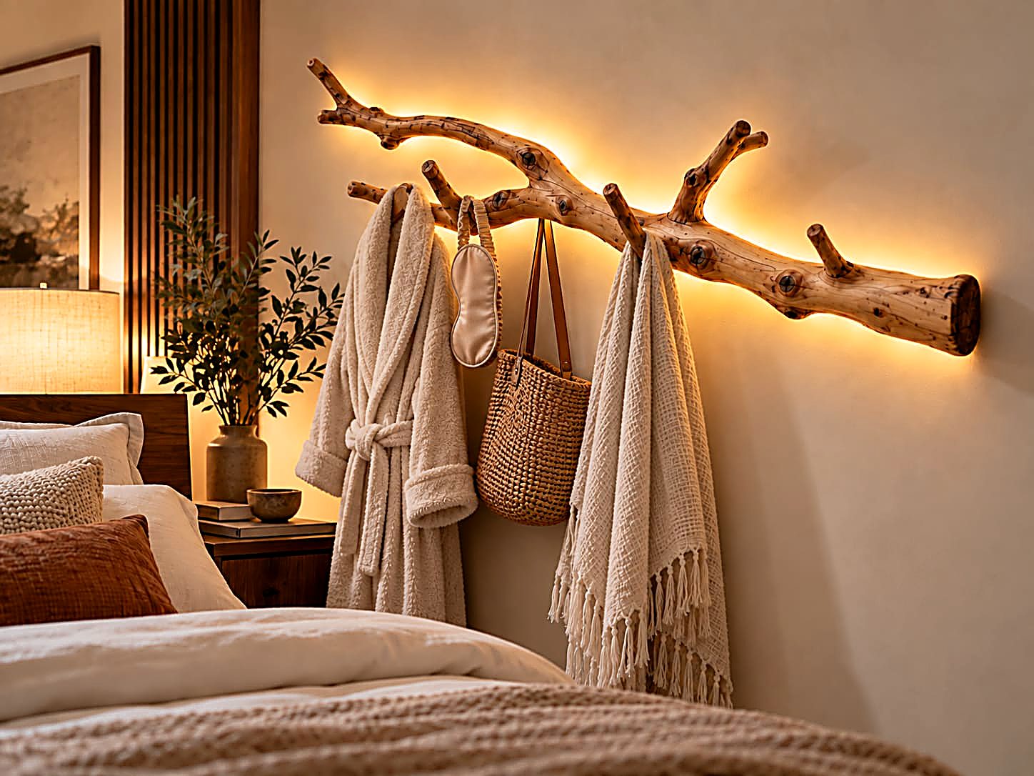 The Branch Light styled in a primary bedroom, holding a robe and tote