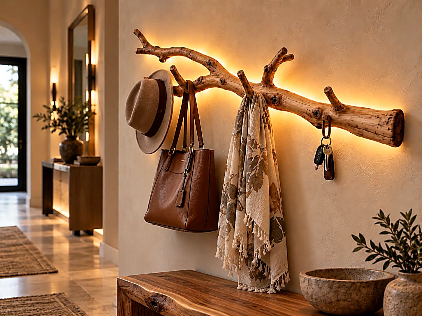 Illuminated natural-branch light styled as an entryway coat and key rack, an M&Z signature detail