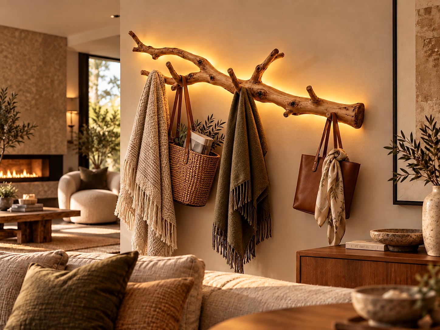 The Branch Light styled in a living room, holding throws, a woven basket, and a scarf