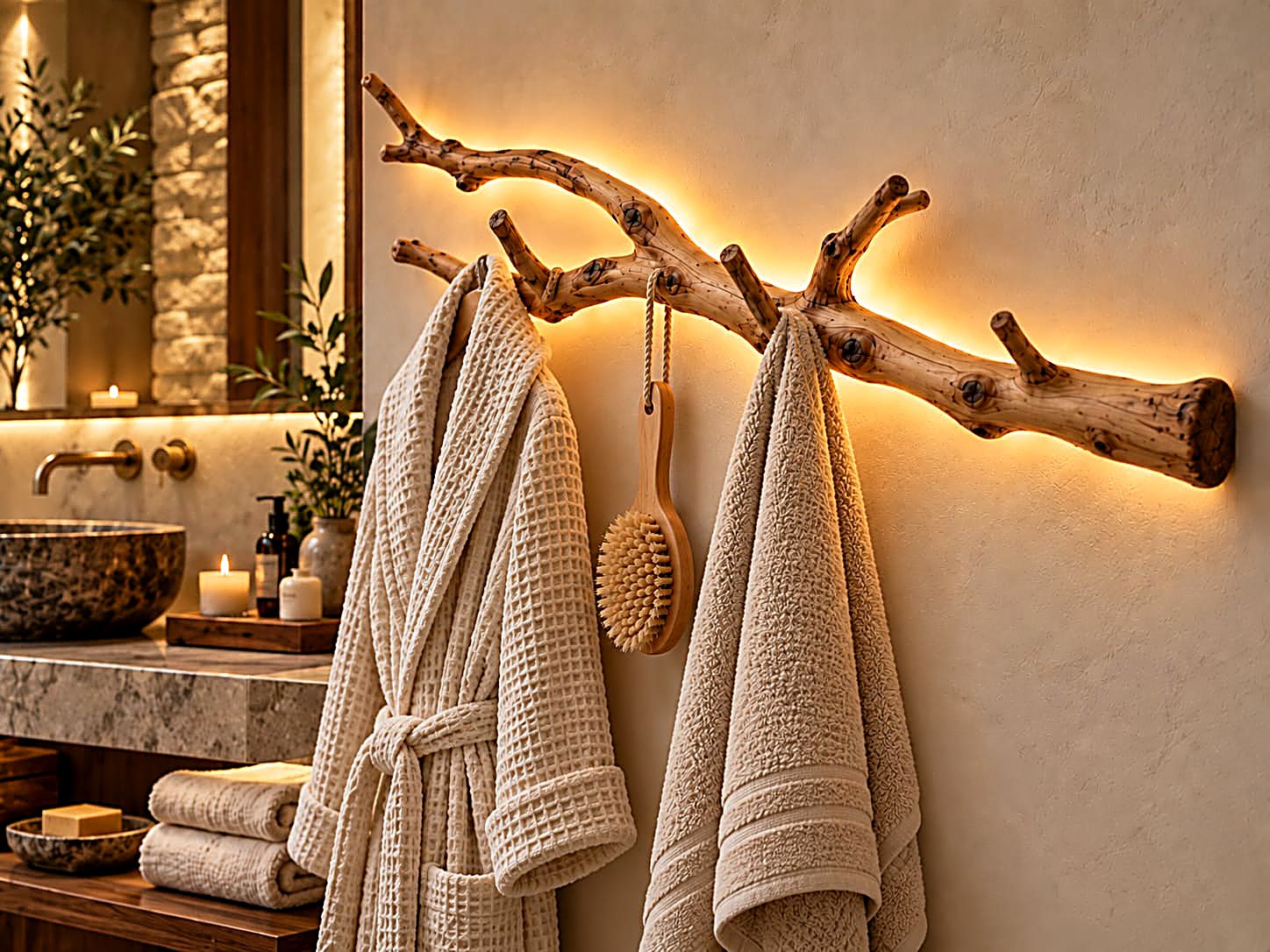 The Branch Light styled in a spa-style bathroom with robes and towels