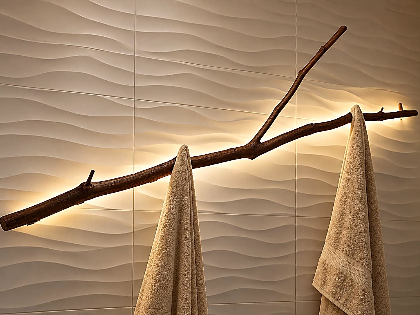 Handmade illuminated branch towel holder, an M&Z signature detail