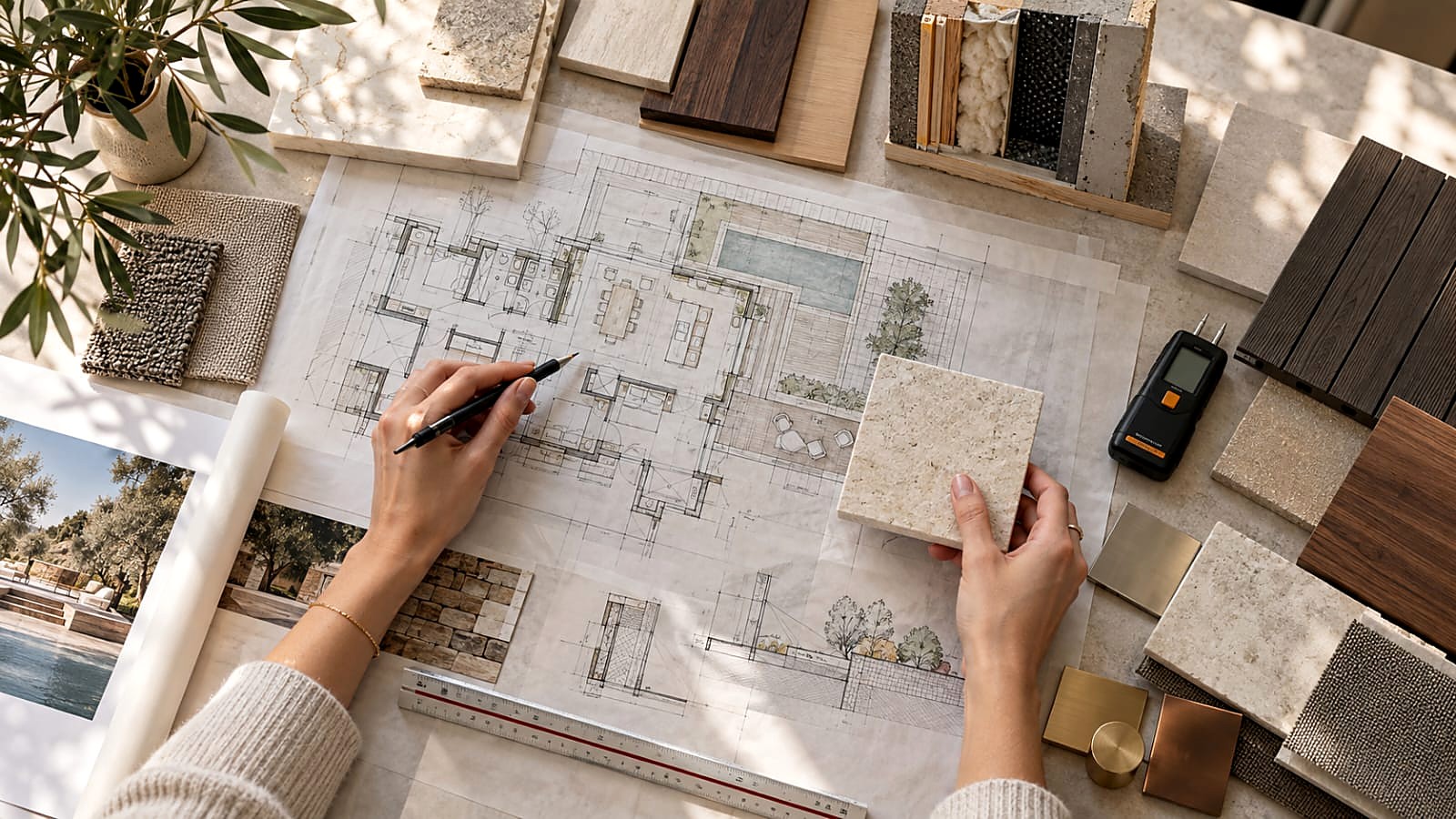 Material samples, finishes, and floor plan sketches on a design table, in development for the M&Z Signature Planter concept