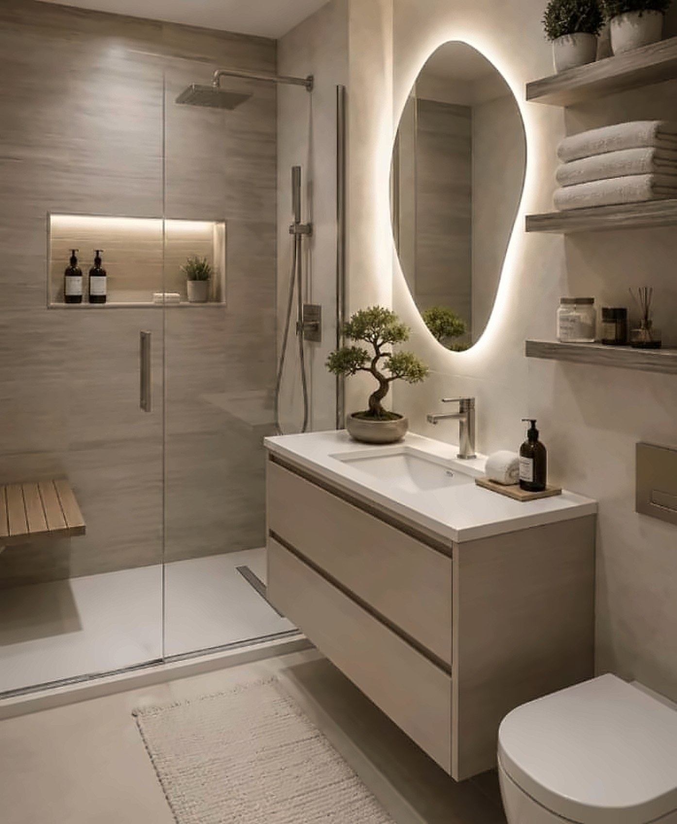 Design concept: a modern bathroom with a glass shower, floating vanity and backlit mirror